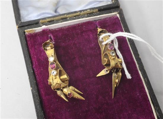 A pair of Victorian gold and gem set drop earrings, 1.5in.